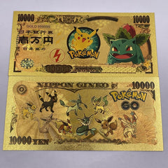 7pcs/set 10000 Yen Japan Anime Bill Money Cards Collection pokemon 24k Gold Foil Plated Banknote