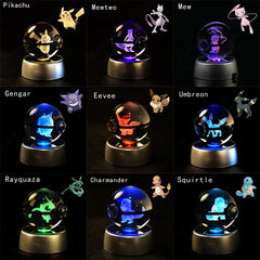 3D Pokemon Crystal Ball 7CM 5CM Mewtwo Pikachu Gengar Crystal Glass Pokemon Ball Pokeball Figure Night Light LED Lamp Base Gift