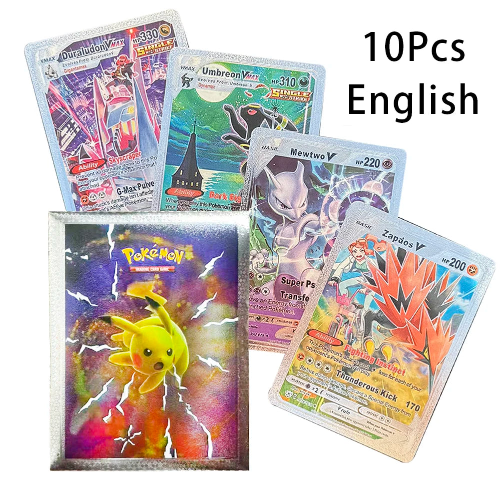 10Pcs/1Bag Pokemon Cards French English German Spanish Vmax GX Color Energy Card Pikachu Rare Collection Battle Trainer Boy Gift