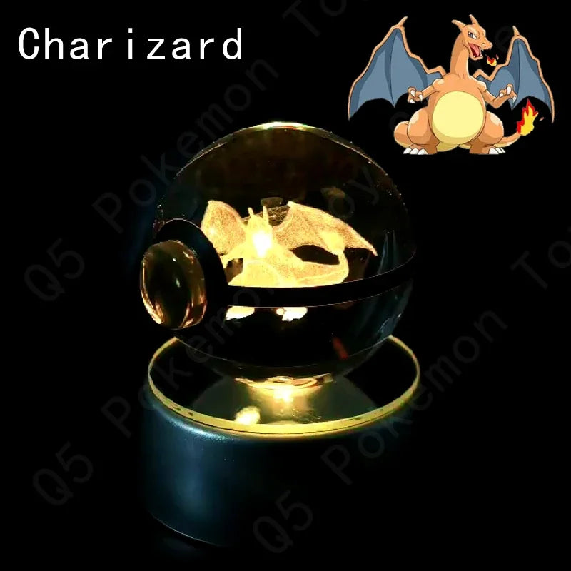 3D Pokemon Crystal Ball 7CM 5CM Mewtwo Pikachu Gengar Crystal Glass Pokemon Ball Pokeball Figure Night Light LED Lamp Base Gift