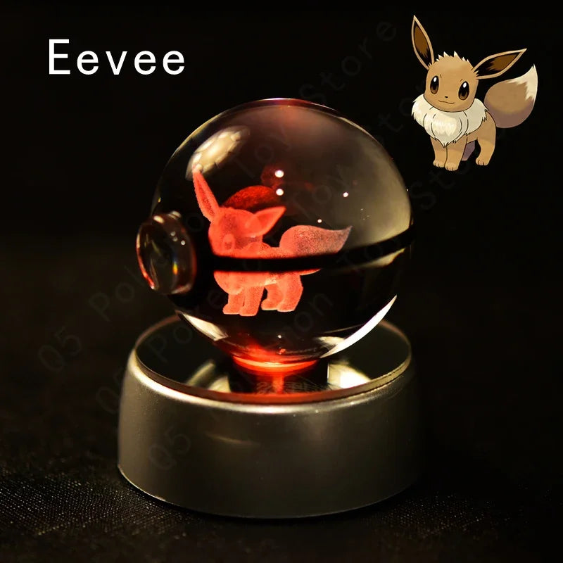 3D Pokemon Crystal Ball 7CM 5CM Mewtwo Pikachu Gengar Crystal Glass Pokemon Ball Pokeball Figure Night Light LED Lamp Base Gift