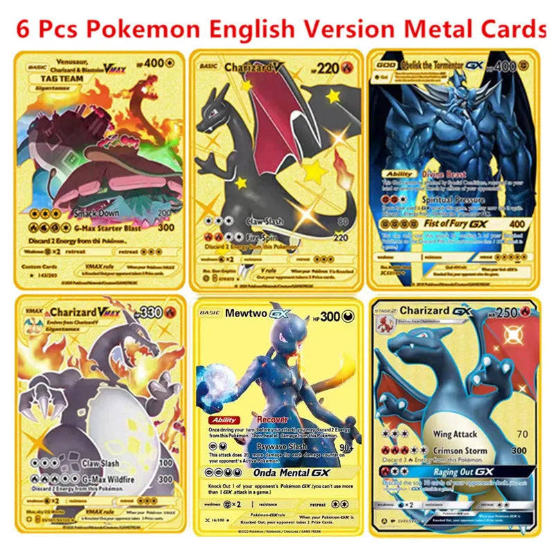 Pokemon English Metal Game Collection Card Anime Figure Charizard Pikachu Blastoise Mewtwo Battle Collection Carte Card Toy Gift