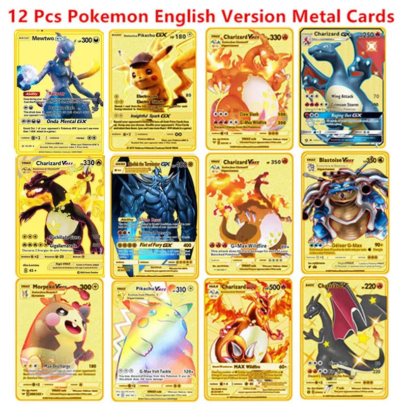 Pokemon English Metal Game Collection Card Anime Figure Charizard Pikachu Blastoise Mewtwo Battle Collection Carte Card Toy Gift
