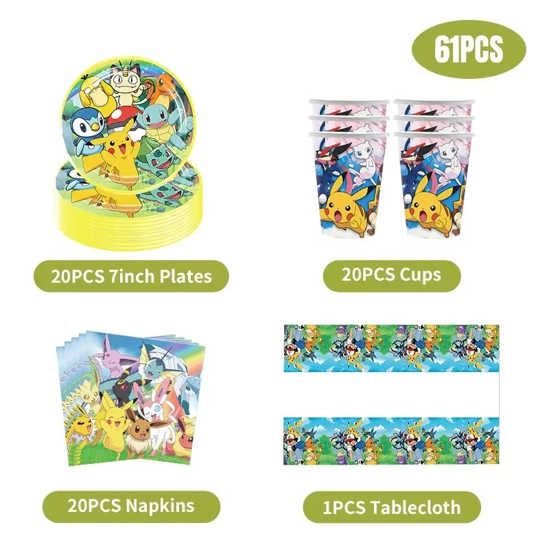 Pokemon Birthday Party Decor Disposable Tableware Cup Plate Napkin Tablecloth Pikachu Kids Baby Shower Party Supplies