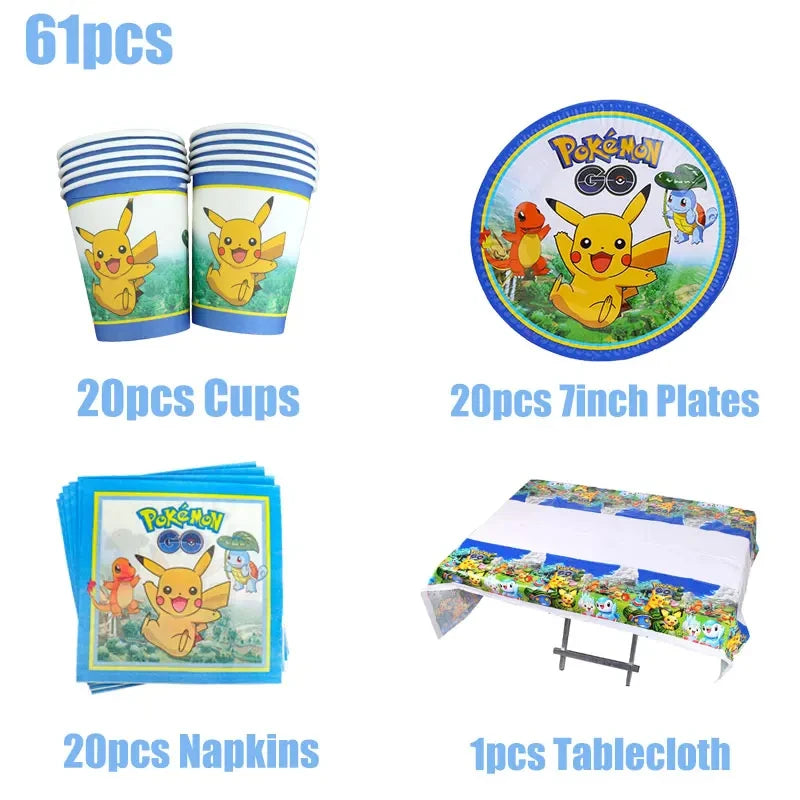 Pokemon Birthday Party Decor Disposable Tableware Cup Plate Napkin Tablecloth Pikachu Kids Baby Shower Party Supplies