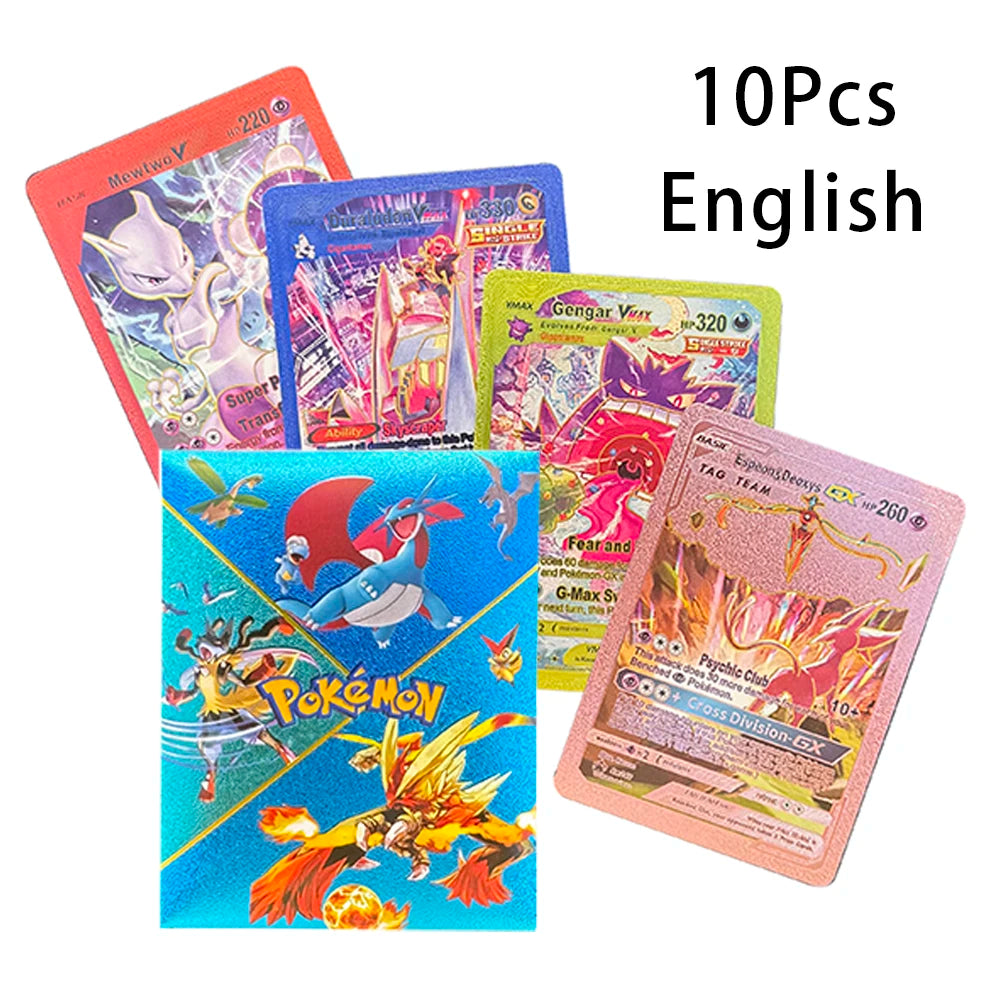 10Pcs Pokemon Cards English French German Spanish Colorful Gold Foil Vmax EX GX Black Silver Card Pikachu Battle Collection Card