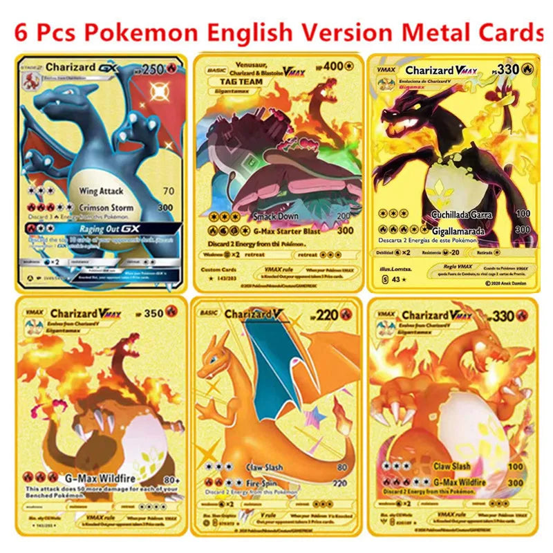 Pokemon English Metal Game Collection Card Anime Figure Charizard Pikachu Blastoise Mewtwo Battle Collection Carte Card Toy Gift