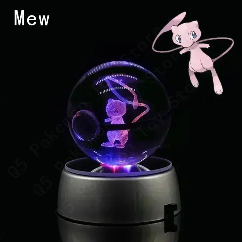 3D Pokemon Crystal Ball 7CM 5CM Mewtwo Pikachu Gengar Crystal Glass Pokemon Ball Pokeball Figure Night Light LED Lamp Base Gift