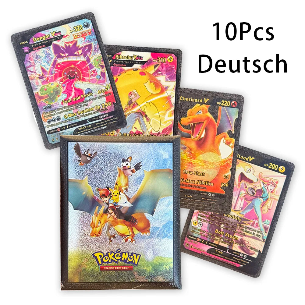 10Pcs/1Bag Pokemon Cards French English German Spanish Vmax GX Color Energy Card Pikachu Rare Collection Battle Trainer Boy Gift