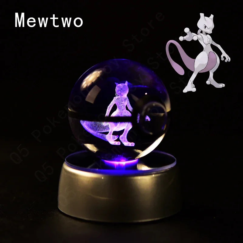 3D Pokemon Crystal Ball 7CM 5CM Mewtwo Pikachu Gengar Crystal Glass Pokemon Ball Pokeball Figure Night Light LED Lamp Base Gift