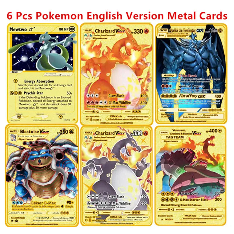 Pokemon English Metal Game Collection Card Anime Figure Charizard Pikachu Blastoise Mewtwo Battle Collection Carte Card Toy Gift