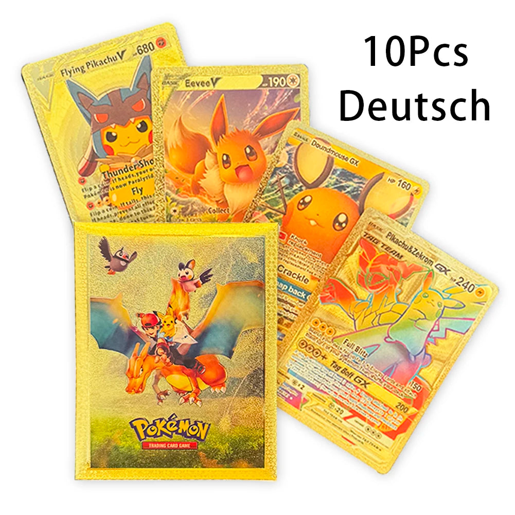 10Pcs/1Bag Pokemon Cards French English German Spanish Vmax GX Color Energy Card Pikachu Rare Collection Battle Trainer Boy Gift