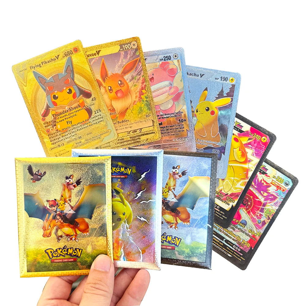 10Pcs Pokemon Cards English French German Spanish Colorful Gold Foil Vmax EX GX Black Silver Card Pikachu Battle Collection Card