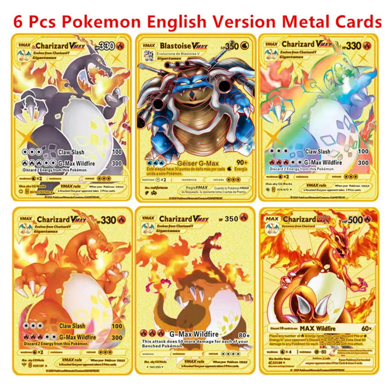 Pokemon English Metal Game Collection Card Anime Figure Charizard Pikachu Blastoise Mewtwo Battle Collection Carte Card Toy Gift