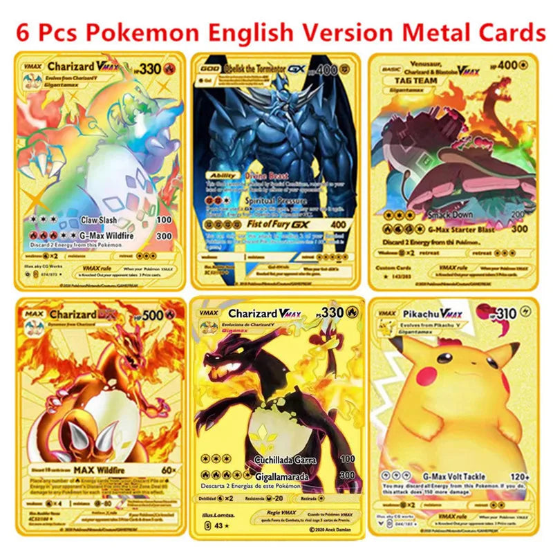Pokemon English Metal Game Collection Card Anime Figure Charizard Pikachu Blastoise Mewtwo Battle Collection Carte Card Toy Gift