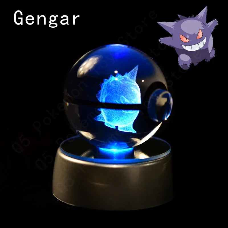 3D Pokemon Crystal Ball 7CM 5CM Mewtwo Pikachu Gengar Crystal Glass Pokemon Ball Pokeball Figure Night Light LED Lamp Base Gift