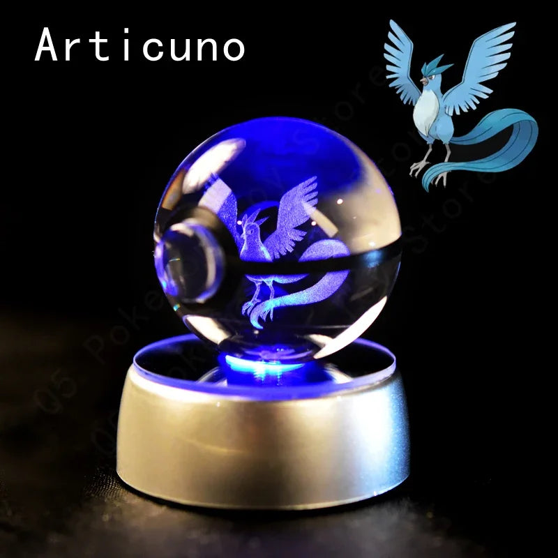 3D Pokemon Crystal Ball 7CM 5CM Mewtwo Pikachu Gengar Crystal Glass Pokemon Ball Pokeball Figure Night Light LED Lamp Base Gift