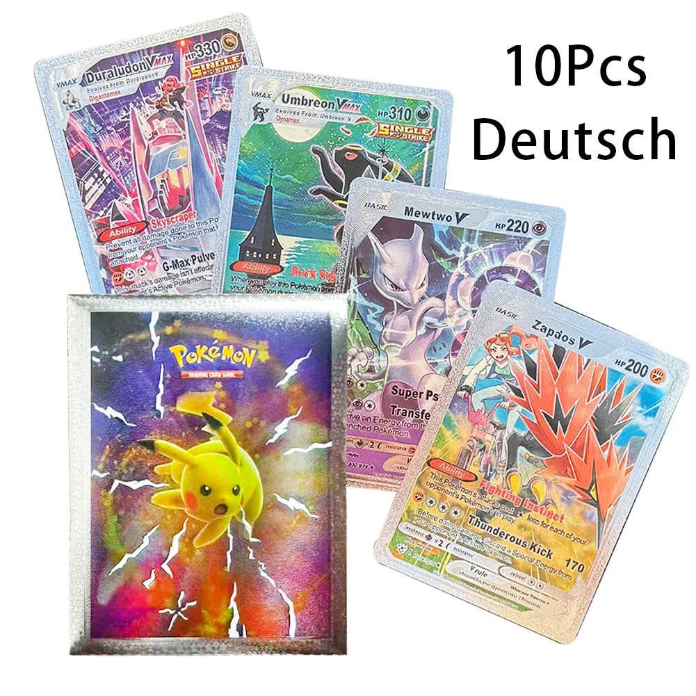 10Pcs/1Bag Pokemon Cards French English German Spanish Vmax GX Color Energy Card Pikachu Rare Collection Battle Trainer Boy Gift