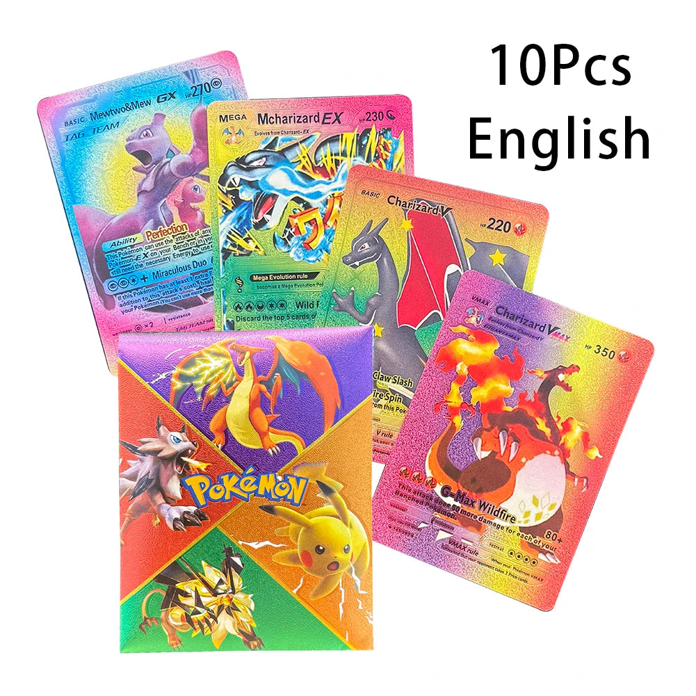 10Pcs/1Bag Pokemon Cards French English German Spanish Vmax GX Color Energy Card Pikachu Rare Collection Battle Trainer Boy Gift