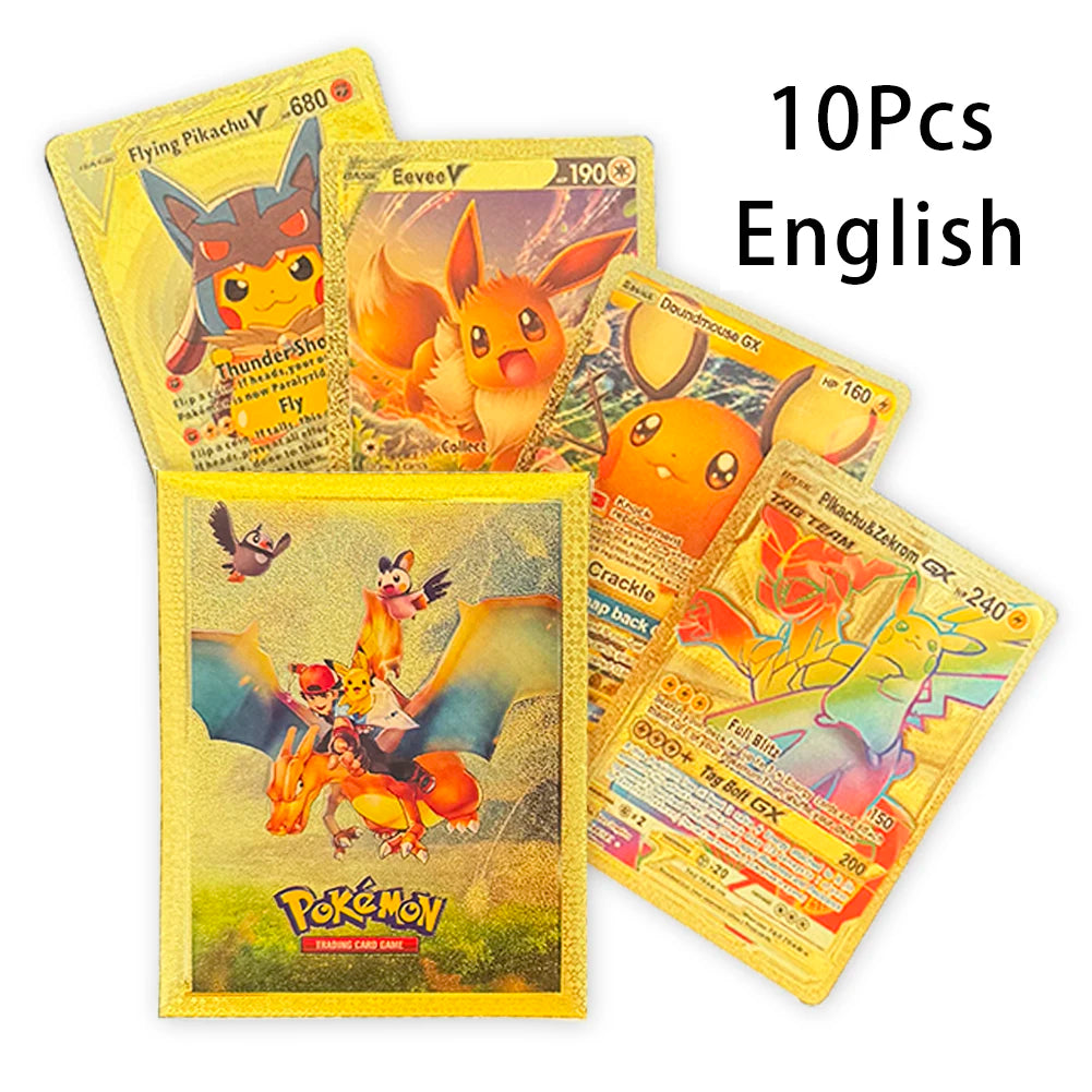 10Pcs/1Bag Pokemon Cards French English German Spanish Vmax GX Color Energy Card Pikachu Rare Collection Battle Trainer Boy Gift