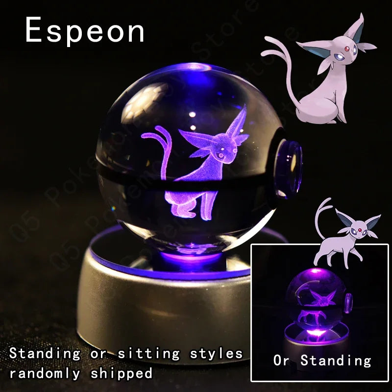 3D Pokemon Crystal Ball 7CM 5CM Mewtwo Pikachu Gengar Crystal Glass Pokemon Ball Pokeball Figure Night Light LED Lamp Base Gift