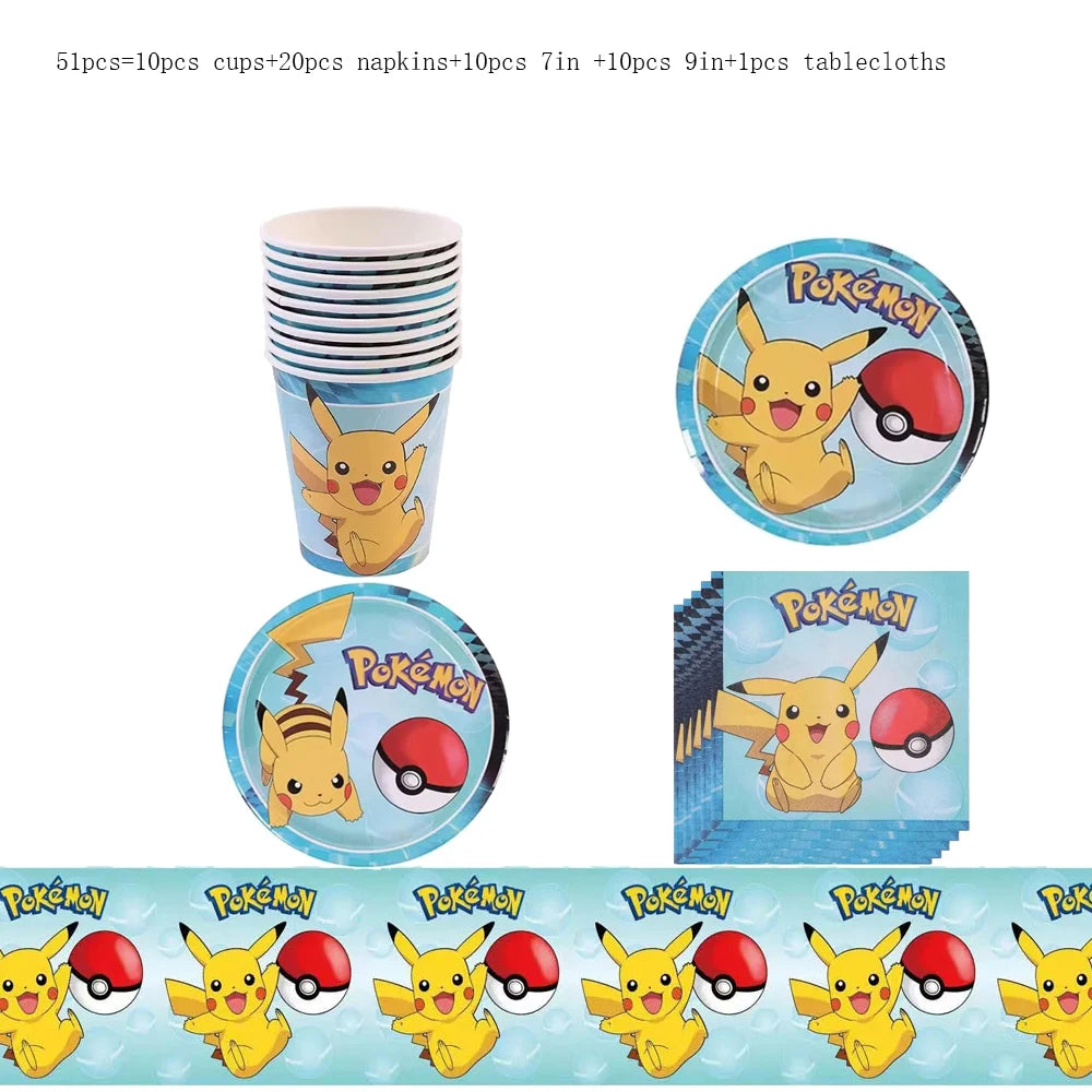 Pokemon Birthday Party Decor Disposable Tableware Cup Plate Napkin Tablecloth Pikachu Kids Baby Shower Party Supplies