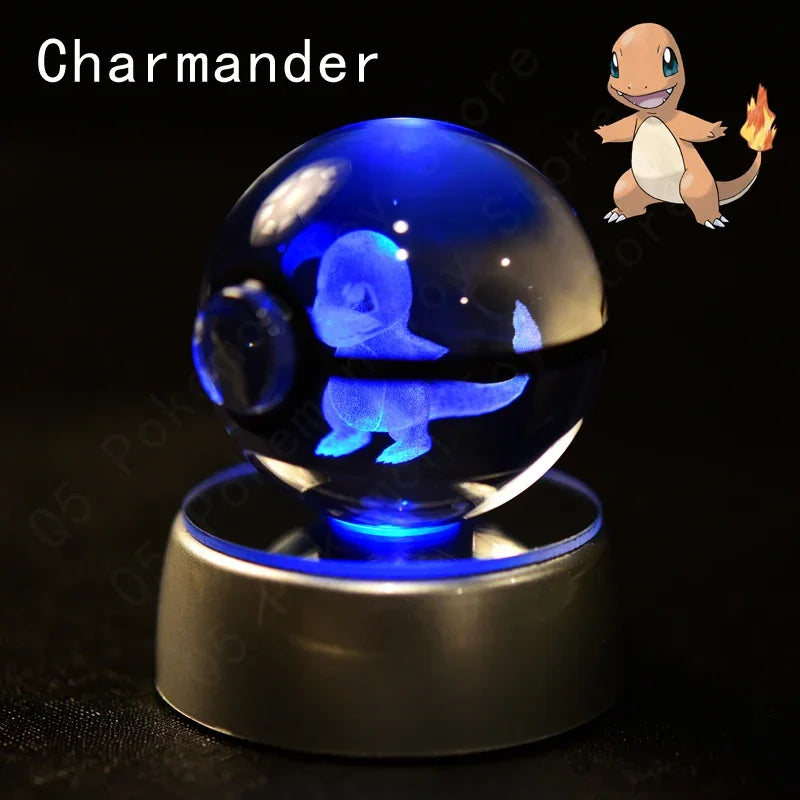3D Pokemon Crystal Ball 7CM 5CM Mewtwo Pikachu Gengar Crystal Glass Pokemon Ball Pokeball Figure Night Light LED Lamp Base Gift