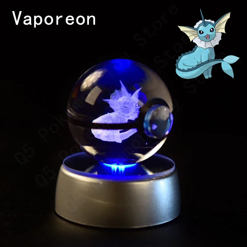 3D Pokemon Crystal Ball 7CM 5CM Mewtwo Pikachu Gengar Crystal Glass Pokemon Ball Pokeball Figure Night Light LED Lamp Base Gift