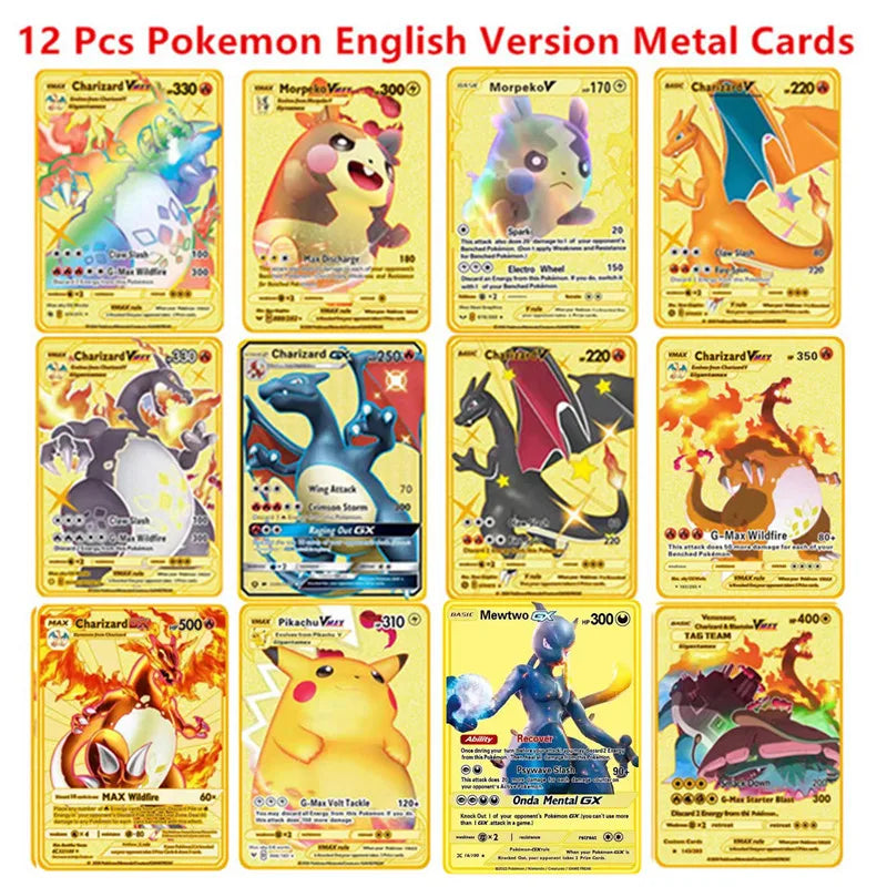 Pokemon English Metal Game Collection Card Anime Figure Charizard Pikachu Blastoise Mewtwo Battle Collection Carte Card Toy Gift
