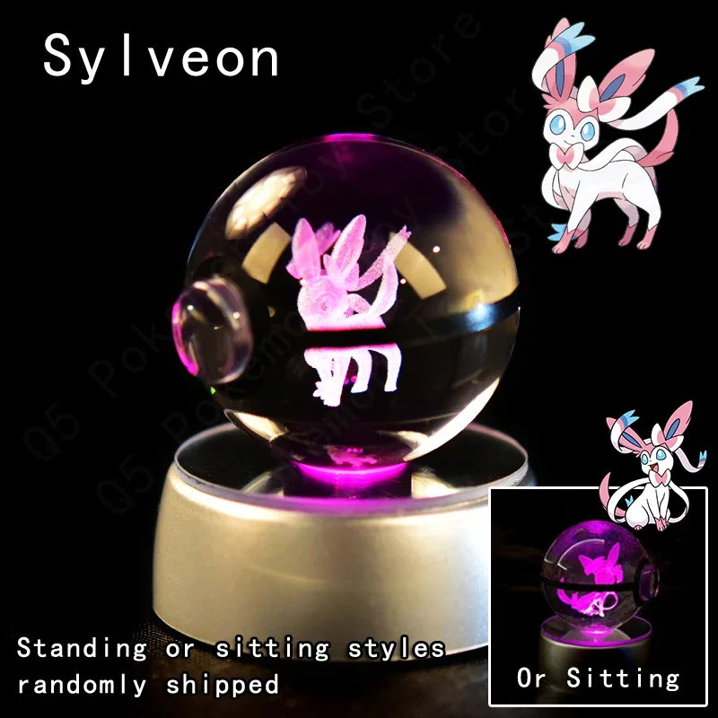 3D Pokemon Crystal Ball 7CM 5CM Mewtwo Pikachu Gengar Crystal Glass Pokemon Ball Pokeball Figure Night Light LED Lamp Base Gift