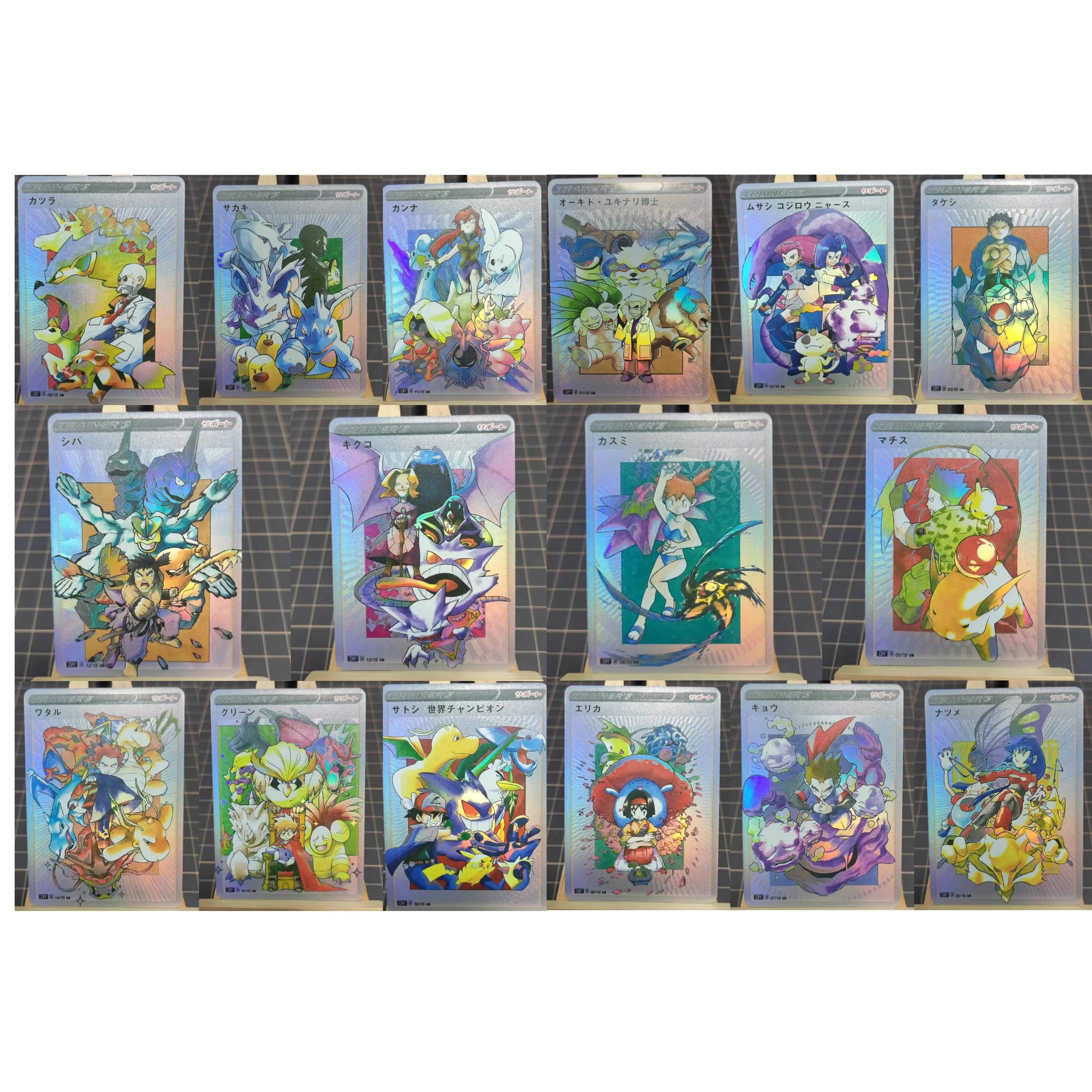 16Pcs/set PTCG Pokemon Anime Collection DIY Personality Style Trainers Series Color Holographic Flash Card Gym Leader AshKetchum