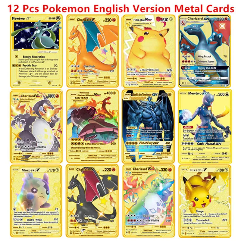 Pokemon English Metal Game Collection Card Anime Figure Charizard Pikachu Blastoise Mewtwo Battle Collection Carte Card Toy Gift