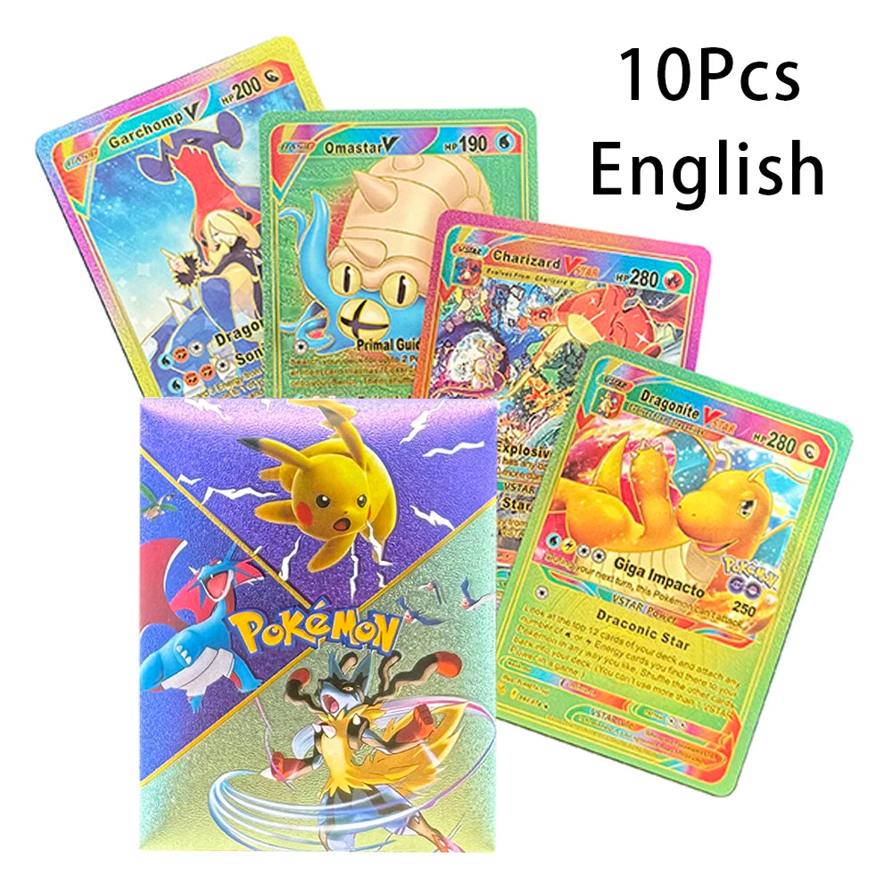 10Pcs Pokemon Cards English French German Spanish Colorful Gold Foil Vmax EX GX Black Silver Card Pikachu Battle Collection Card