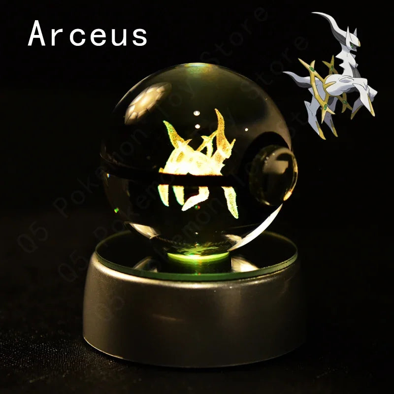 3D Pokemon Crystal Ball 7CM 5CM Mewtwo Pikachu Gengar Crystal Glass Pokemon Ball Pokeball Figure Night Light LED Lamp Base Gift