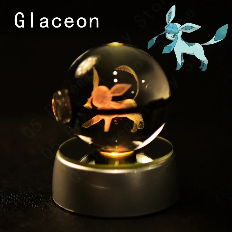 3D Pokemon Crystal Ball 7CM 5CM Mewtwo Pikachu Gengar Crystal Glass Pokemon Ball Pokeball Figure Night Light LED Lamp Base Gift