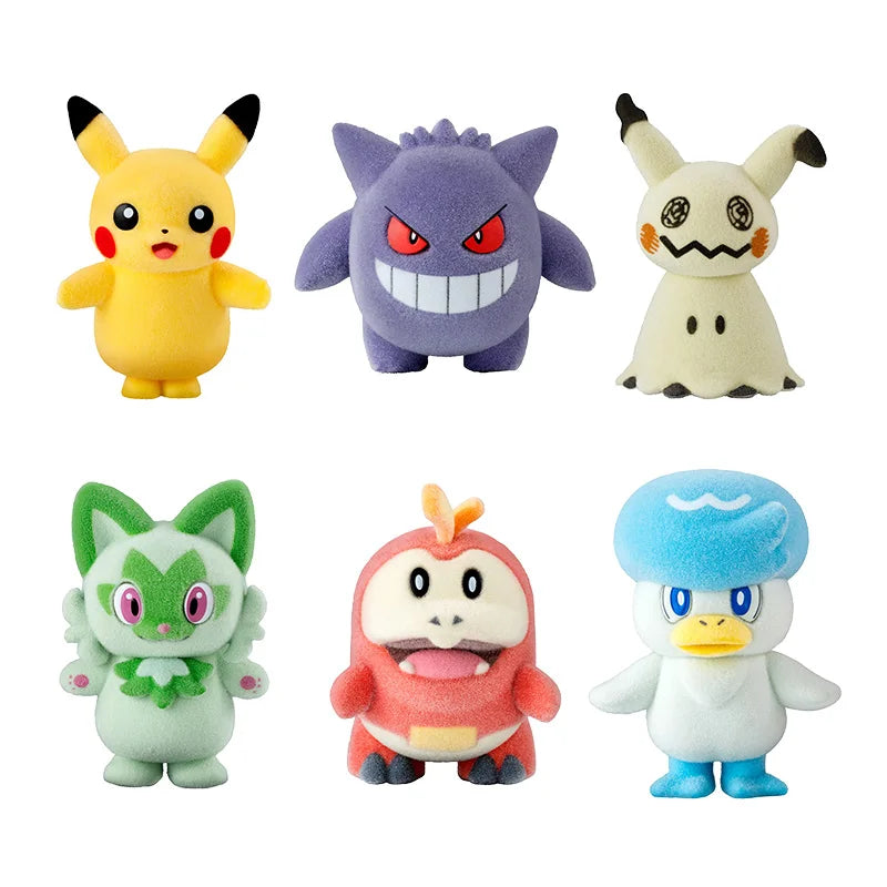 Bandai Genuine Pokemon Figure Toys Q Version Flocking Series 6 Pikachu Sprigatito Gengar Mimikyu Fuecoco Anime Model Decoration