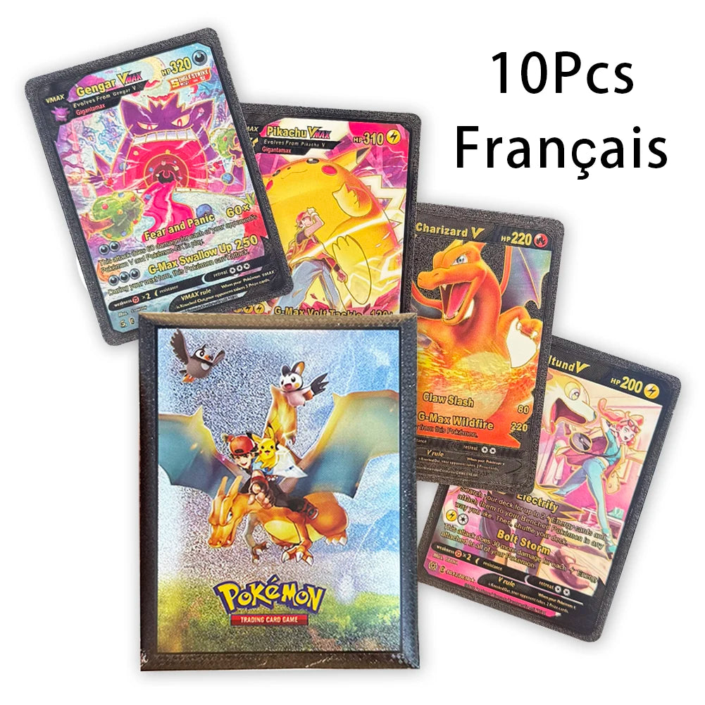 10Pcs/1Bag Pokemon Cards French English German Spanish Vmax GX Color Energy Card Pikachu Rare Collection Battle Trainer Boy Gift