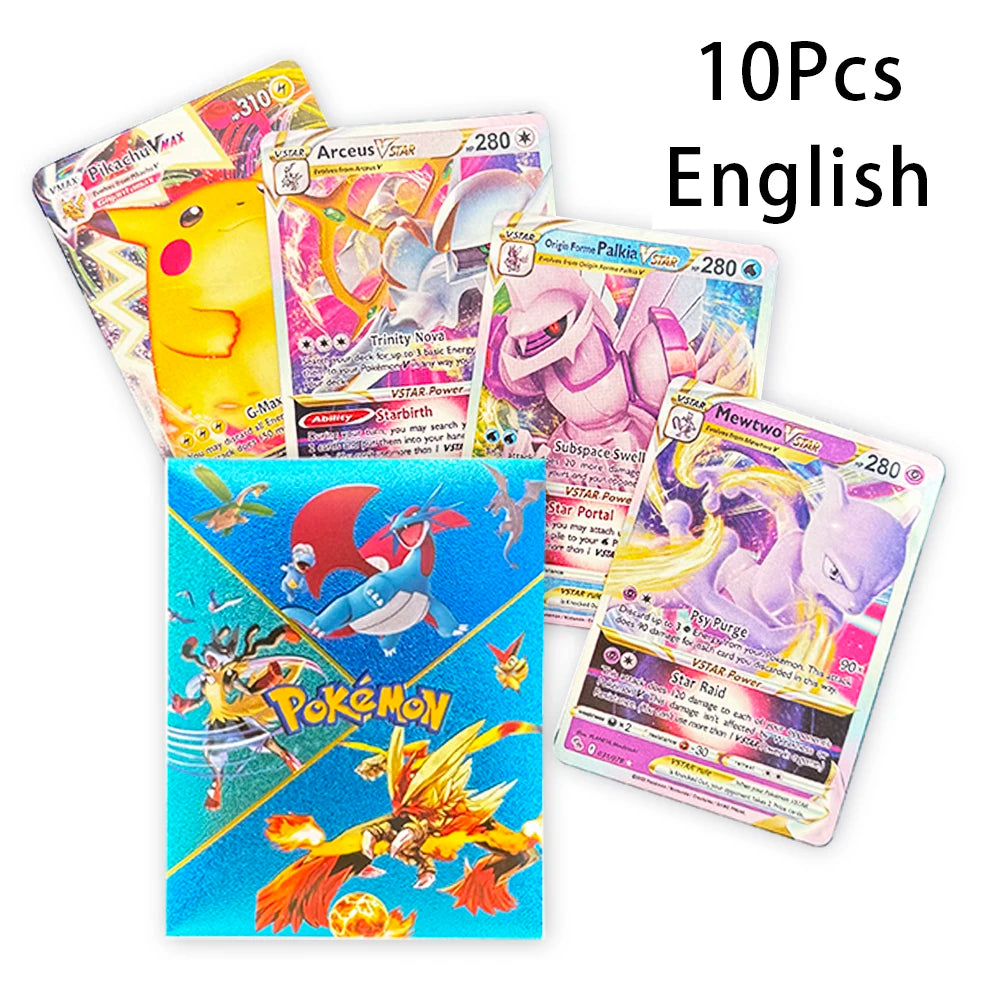 10Pcs Pokemon Cards English French German Spanish Colorful Gold Foil Vmax EX GX Black Silver Card Pikachu Battle Collection Card