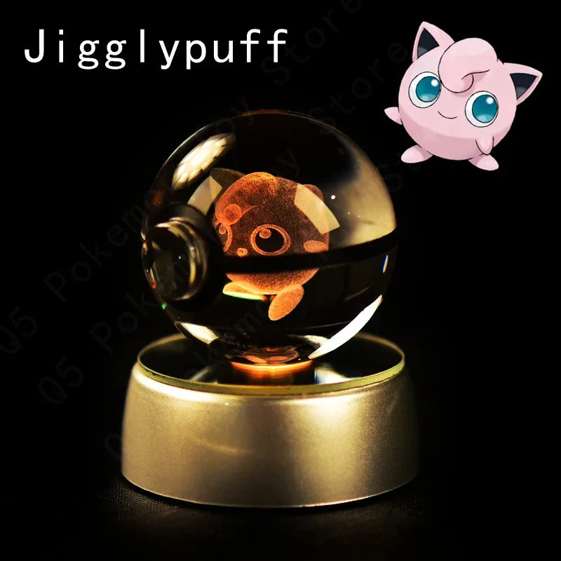 3D Pokemon Crystal Ball 7CM 5CM Mewtwo Pikachu Gengar Crystal Glass Pokemon Ball Pokeball Figure Night Light LED Lamp Base Gift