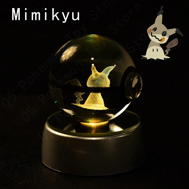 3D Pokemon Crystal Ball 7CM 5CM Mewtwo Pikachu Gengar Crystal Glass Pokemon Ball Pokeball Figure Night Light LED Lamp Base Gift