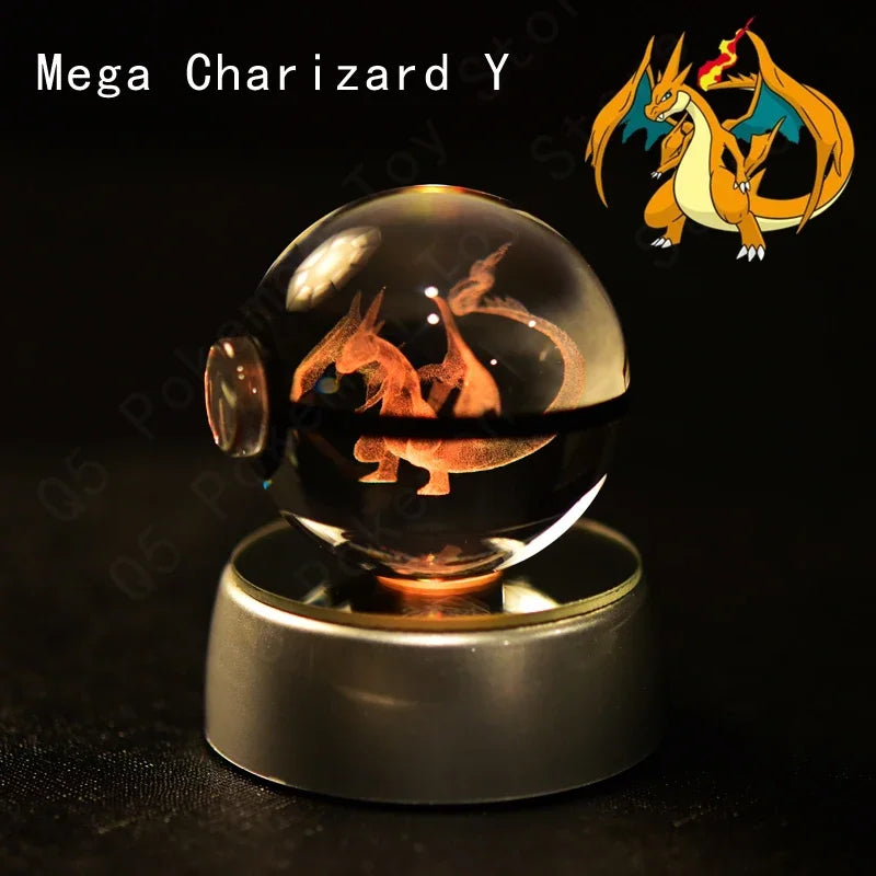 3D Pokemon Crystal Ball 7CM 5CM Mewtwo Pikachu Gengar Crystal Glass Pokemon Ball Pokeball Figure Night Light LED Lamp Base Gift