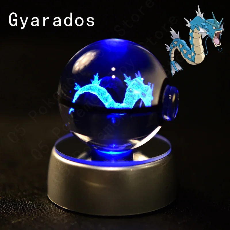 3D Pokemon Crystal Ball 7CM 5CM Mewtwo Pikachu Gengar Crystal Glass Pokemon Ball Pokeball Figure Night Light LED Lamp Base Gift