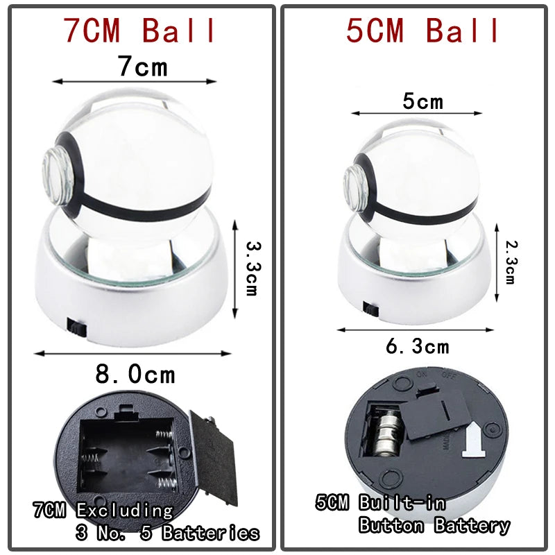 3D Pokemon Crystal Ball 7CM 5CM Mewtwo Pikachu Gengar Crystal Glass Pokemon Ball Pokeball Figure Night Light LED Lamp Base Gift