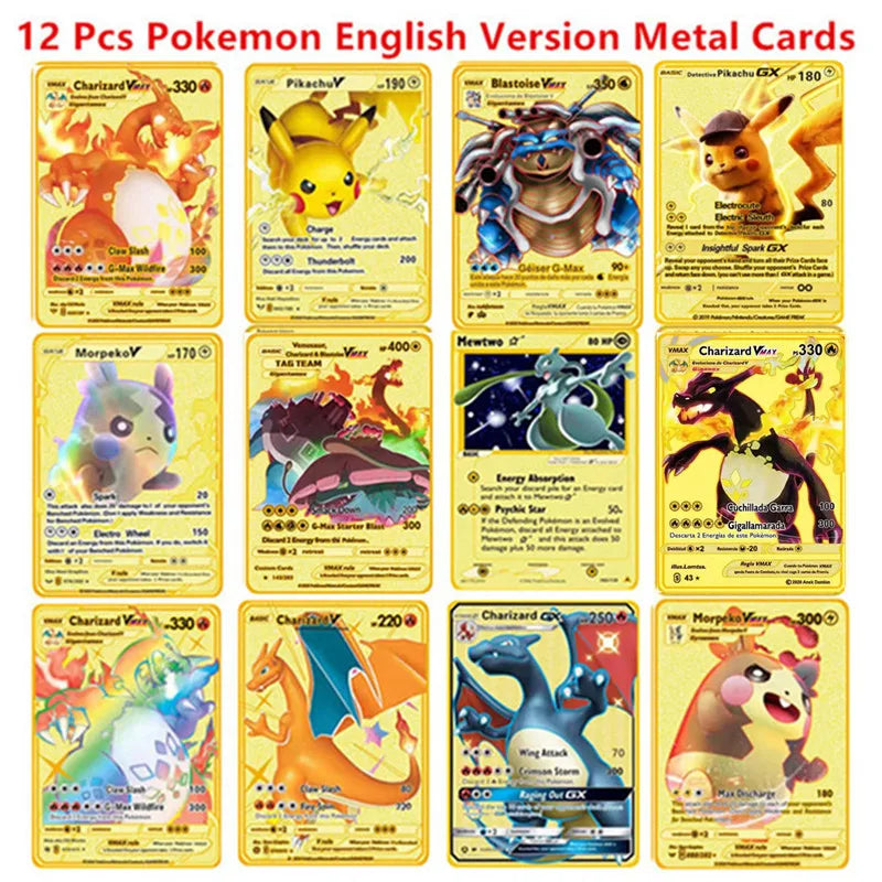 Pokemon English Metal Game Collection Card Anime Figure Charizard Pikachu Blastoise Mewtwo Battle Collection Carte Card Toy Gift