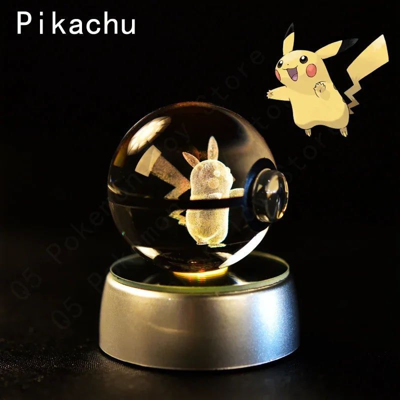 3D Pokemon Crystal Ball 7CM 5CM Mewtwo Pikachu Gengar Crystal Glass Pokemon Ball Pokeball Figure Night Light LED Lamp Base Gift