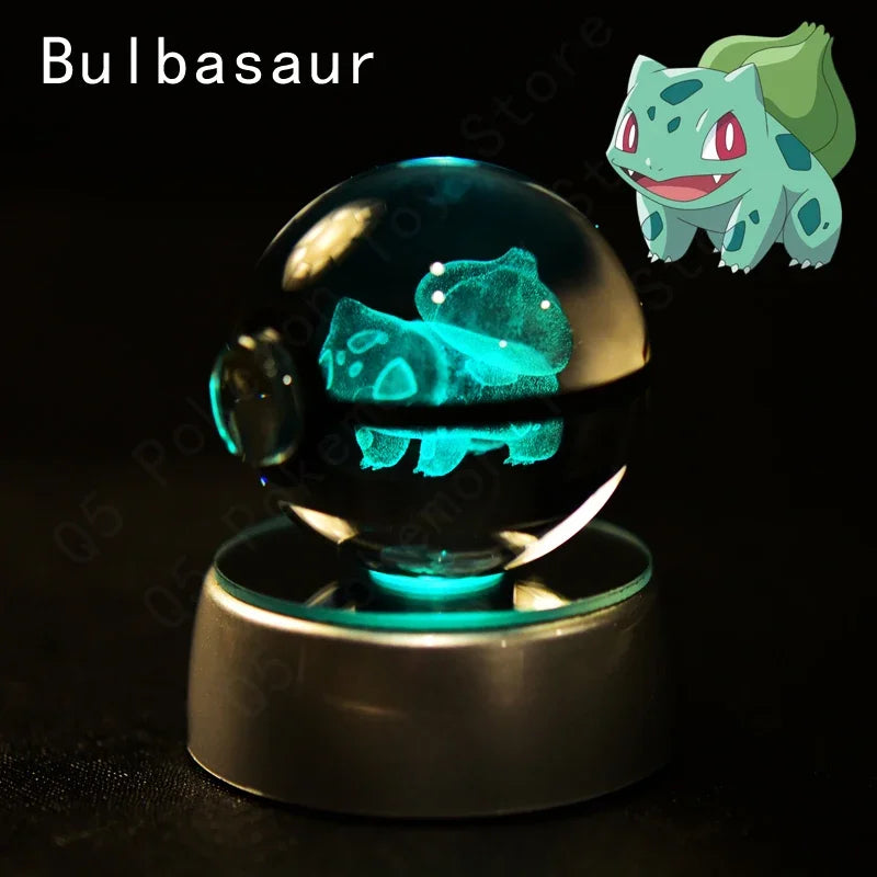 3D Pokemon Crystal Ball 7CM 5CM Mewtwo Pikachu Gengar Crystal Glass Pokemon Ball Pokeball Figure Night Light LED Lamp Base Gift